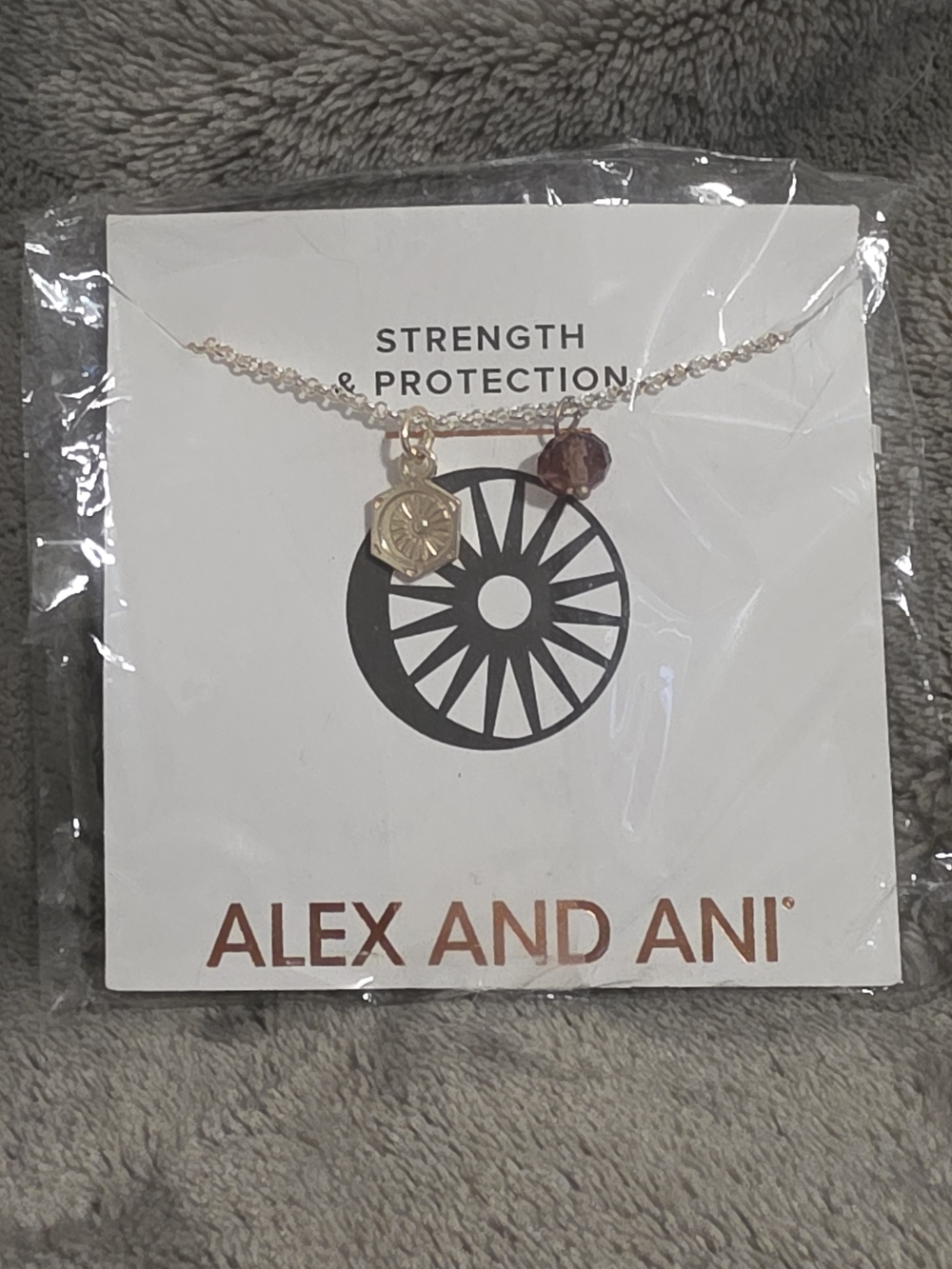 Alex and Ani Gold Tone Strength & Protection Necklace with Garnet Bead